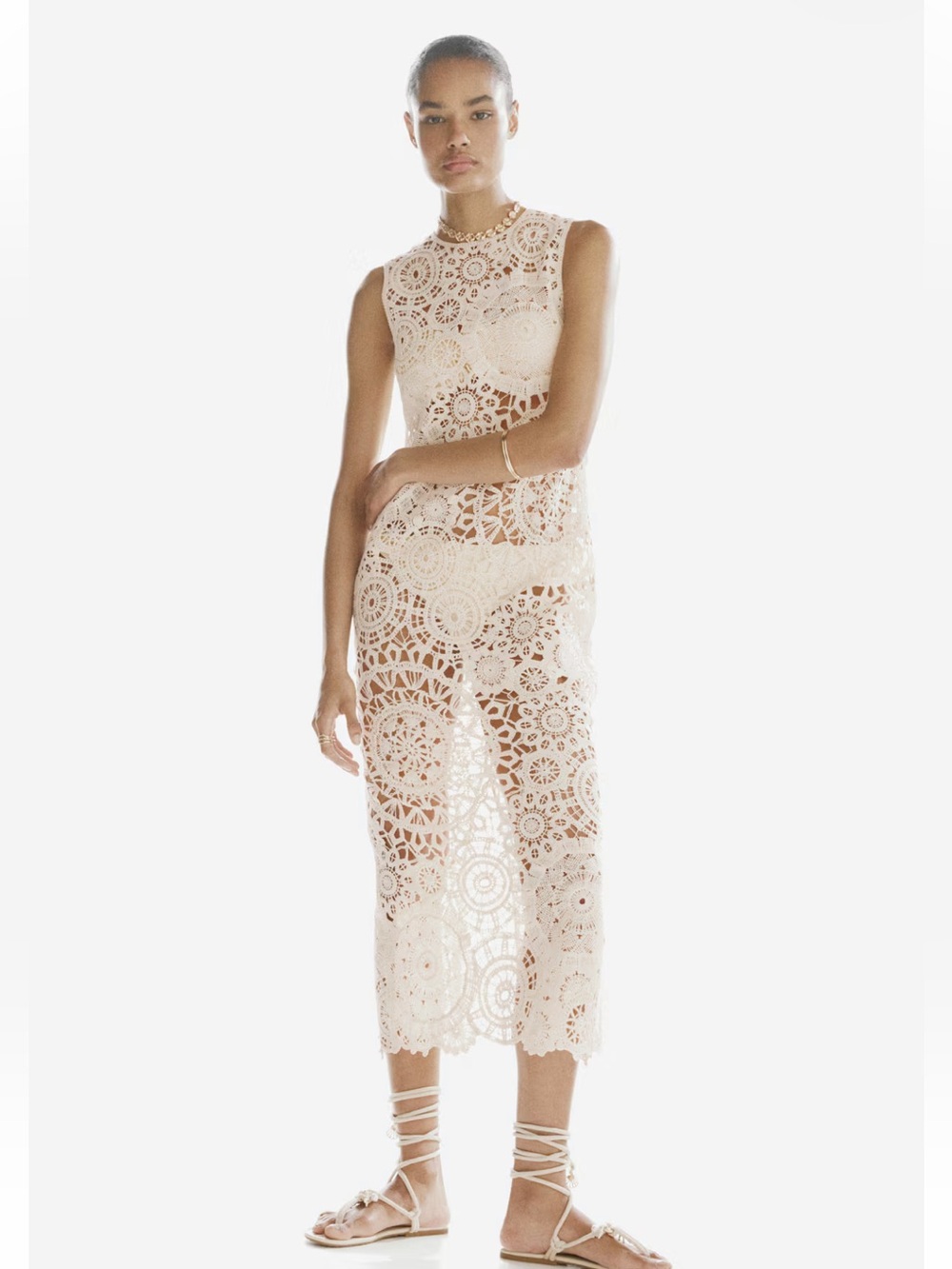 H&M Cream Crochet Sleeveless Midi Dress